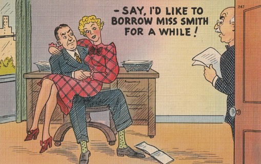 Vintage Unused Postcard: d: Comic:  I'd Like to Borrow Miss Smith for a While