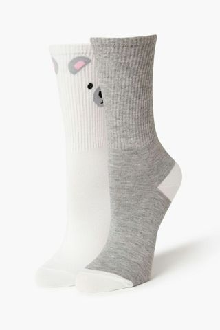 New Soft Womens Forever 21 Polar Bear Crew Socks Set 2 pack One Size Gray White