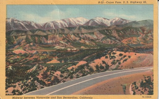 Vintage Used Postcard: gin: 1952 Cajon Pass, between Victorville & San Bernardino, CA