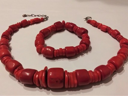 Red Barrel Stem Coral Bead Necklace & Bracelet
