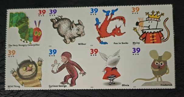 One Block of 8 Mint .39 Children's Book Animals US Self Adhesive Postage Stamps