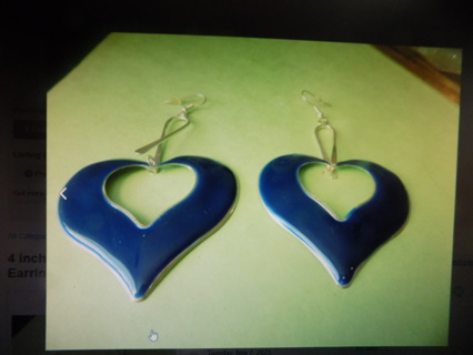 4 inch large blue enamel heart shape French Hook earrings cut out middle