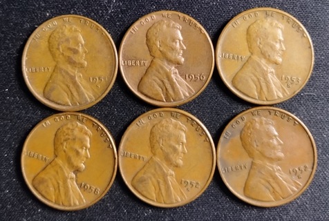 COINS SIX BEAUTIFUL WHEAT PENNIES FROM THE 1950'S TAKE A LOOK AND IT'S A 99 POINT AUCTION STEAL IT!