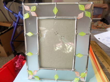 Frosted glass easel backed photo frame with pink & green diamond accents in corners