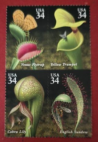 One Mint .34 Block of 4 Carnivorous Plants Us Postage Stamps