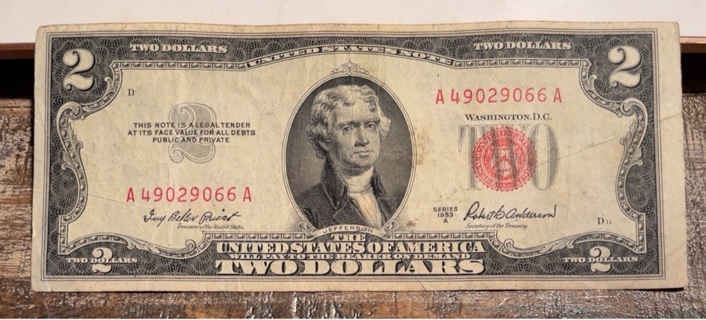 Vintage Series 1953 A Red Seal Two Dollar Bill