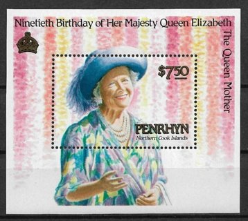 Scarce 1990 Penrhyn Island Sc385 Queen Mother 90th Birthday MNH S/S