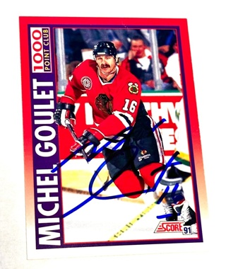 Autographed 1991-92 (BLACKHAWKS) Score Canadian English #265 Michel Goulet 1000 PTS