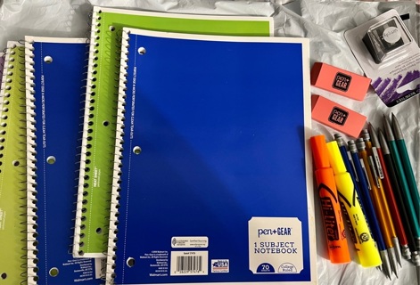 School/Ofc Lot: 5 (70 Pg) Spiral Notebooks, Post Its, 8 Mechanical Pencils, Erasers & Sharpener 