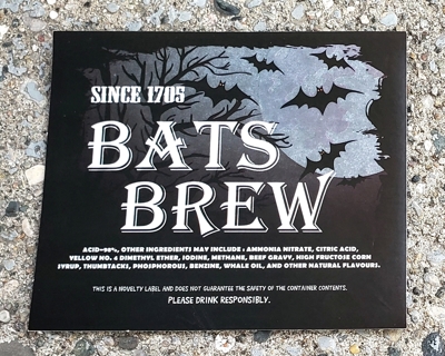 HALLOWEEN LIQUOR BOTTLE LABEL STICKER CONTAINS 3 BATS BREW VAMPIRE AND  BLOOD AND ZOMBIE VIRUS