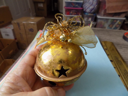 Vintage 3 inch round jingle bell ornament gold star cut out topped tube beads, flower, ribbon