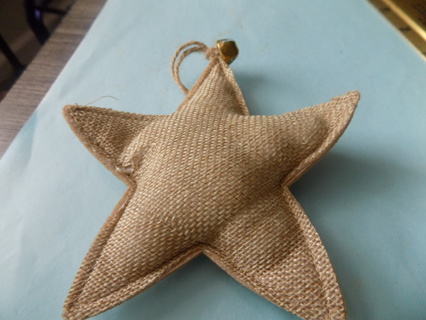 5 inch tall burlap and felt star ornament with jingle bell on jute string # 2