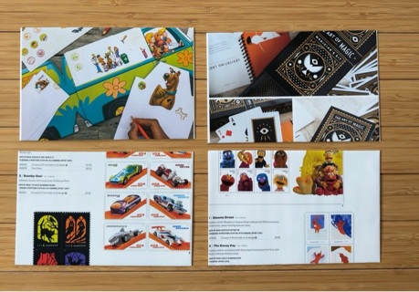 Four handmade Stamp themed envelopes 