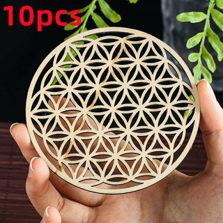 10pcs/lot Flower of Life Natural Symbol Wood Round Edge Circles Carved Coaster For Stone Crystal Set