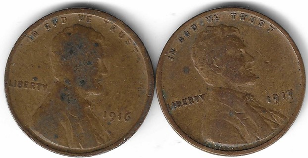 1916 and 1917 Lincoln Wheat Pennies