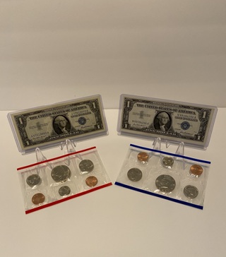 (2) 1957 $1 Uncirculated Blue Seal Silver Certificates & (2) Coin Uncirculated Coin Sets