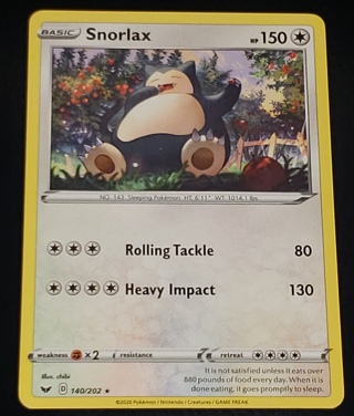 ⚡ Pokemon Card Snorlax 140/202 Rare ⚡ 150 HP Sword And Shield Base Set