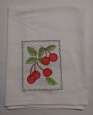 Bonus! Handmade washcloth/scrubbie. Cotton kitchen towel. Grapes and cherries.
