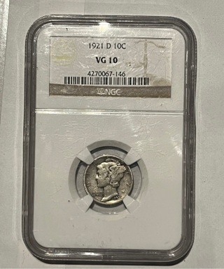 1921 D Key Date Mercury Dime NGC VG10