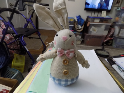 10 inch tall stuffed rabbit tweed herringbone jacket , 2 real button blue checkerd base, pink bowtie