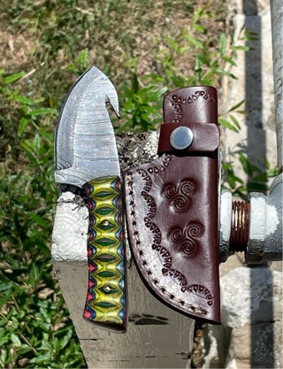 Custom made Damascus steel with Gut hook carved hardwood handle skinner knife 