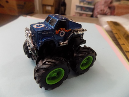 Navy blue Monster Truck die cast silver pipes on side green wheels 2 1/2 tall & wide