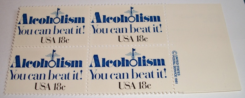 Scott #1927, Alcoholism, Pane of 4 Useable 18¢ US Postage Stamps. Has Original Gum.