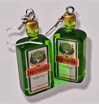 Jagermeister drop earrings green resin miniature bottles Funny Gag gift