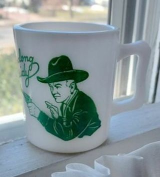 VINTAGE 1950s HOPALONG CASSIDY Milk Glass CUP or MUG w/ Green Graphics