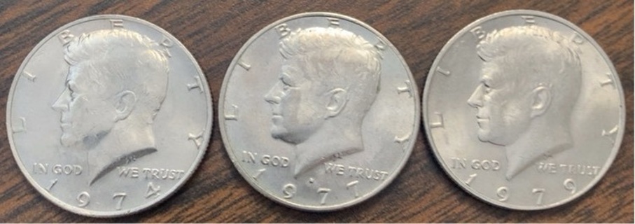 3 Kennedy half dollars 