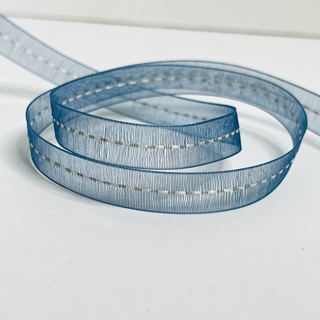 Blue Organdy White Stitching 3/8” Ribbon