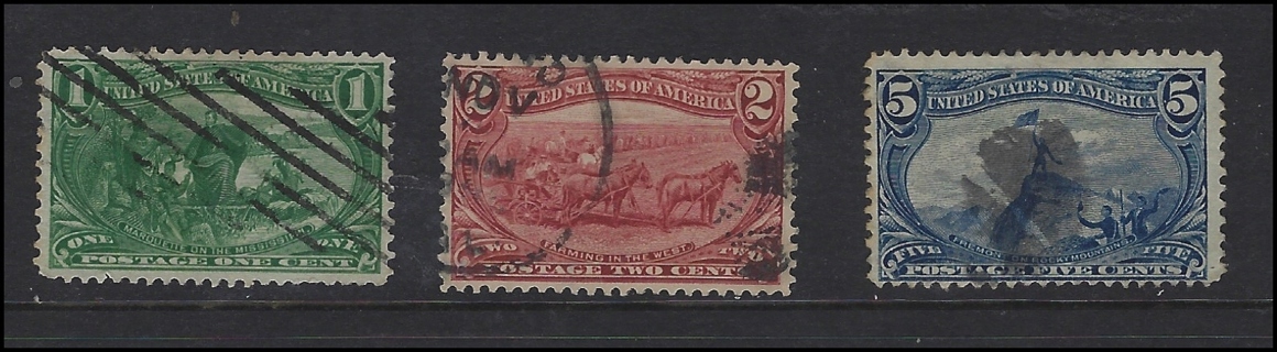 1898 USA stamps (3), U/VF, Scott #s 285,286,288, est CV $25.00