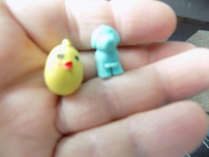 2 mini tiny rubber toys 1 blue duck , 1 yellow chick 1/2 tall 