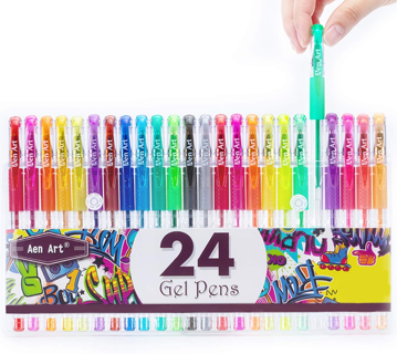 (24) Glitter Gel Pens Fine Tip Markers (40% More Ink) for Adult Coloring Books, Drawings, Doodling