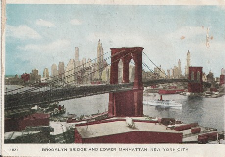 Vintage Used Postcard: 1946 Brooklyn Bridge, Lower Manhattan, NYC, NY