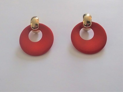 Vintage MOD 70's  Hoop Enamel Pierced Earrings Red and Gold  