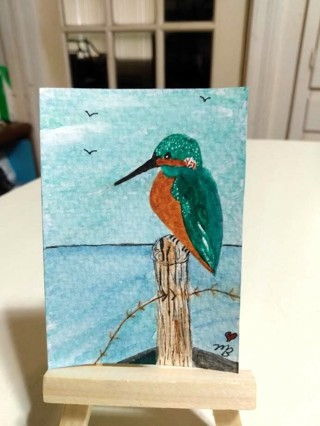 ACEO Original, Watercolor Painting 2-1/2"X 3/1/2" by Kingfisher Bird Artist Marykay Bond