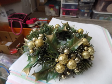 Christmas candle ring wreath gold glittery ball ornaments, shiny ones and greenery