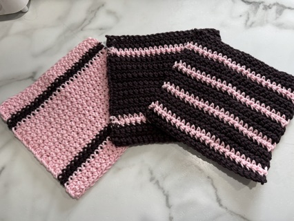 3 Handmade Washcloths Dishcloths Brown and Pink