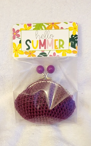 CROCHET 3 1/2 X 3 1/2 COIN PURSE WITH A SMALL PURPLISH  BALL CLASP