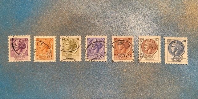 7 Vintage Italy stamps poste repvbblica italia Siracusana Turrita variety + watermark stars/ Stella 