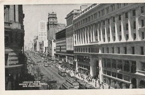 Vintage Unused Postcard: b&w: Looking Down Market St from Powell, San Francisco, CA