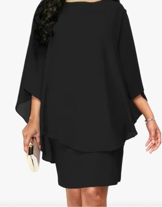 BRAND NEW! Plus Size Solid Round Neck 3/4 Sleeve Cape Midi Dress-BLACK-Size 5XL fits like 2XL