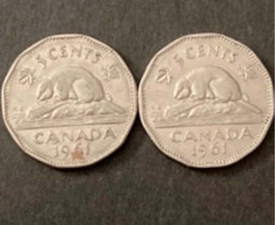 Two Canada 1961 Nickels 