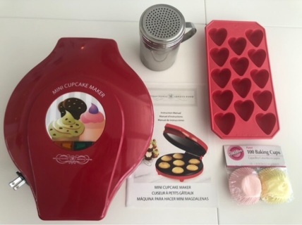 NEW Red Bella Cucina Mini Cupcake Maker + 100 Cups, Shaker, Heart Cube Tray • Free Ship 