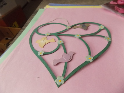 6 inch tall diecut out green heart with 3 birds and small flowers