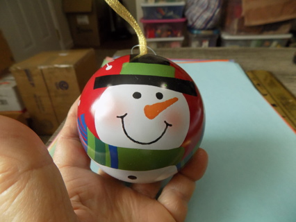 3 inch metal ball ornament with snowman painted on it , opens to fill with surprises # 2