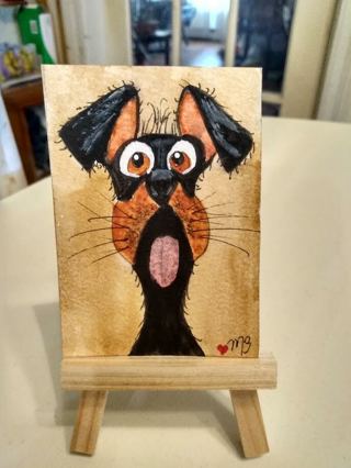 Original, Watercolor ACEO Painting 2-1/2"X 3/1/2"Whimsical Dog by Artist Marykay Bond