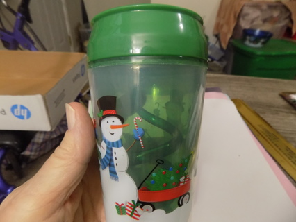 5 1/2 tall Cristmas tumbler with flip up straw # 2 Snowman & trees