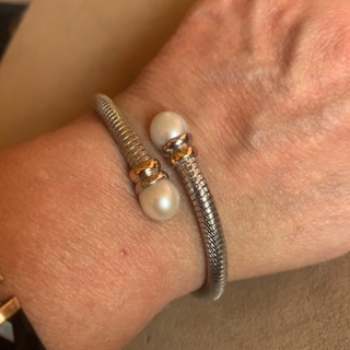 Tubogas Sterling Silver + 14k Gold genuine cultured pearl bypass bangle bracelet 